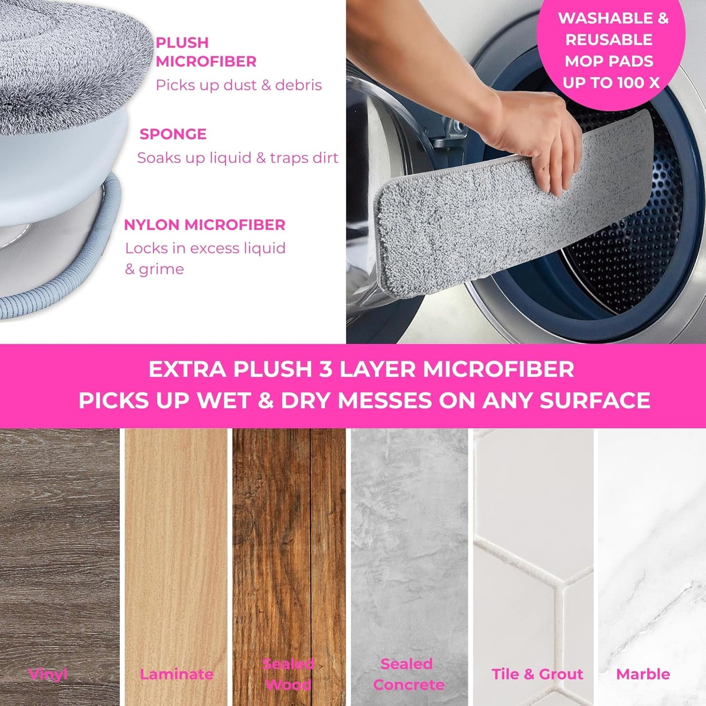 True & Tidy® SPRAY-250 Multi-Surface Spray Mop with 490ml Refillable Water Bottle for Floor Cleaning, Works on Wood, Tile, Marble etc, Use Any Cleaning Solution, Machine Washable Microfiber Mop Pads
