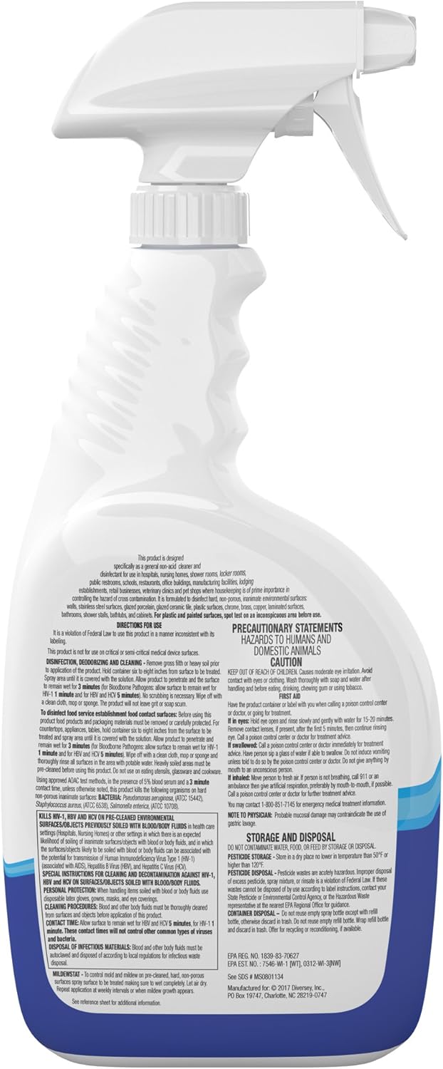 VIREX Diversey CBD540540 All Purpose Disinfectant Cleaner, For Home & Commercial Use, Kills 99.9% of Germs, Multi-Surface, Lemon Scent, Capped Ready-to-Use Spray, 32-Ounce