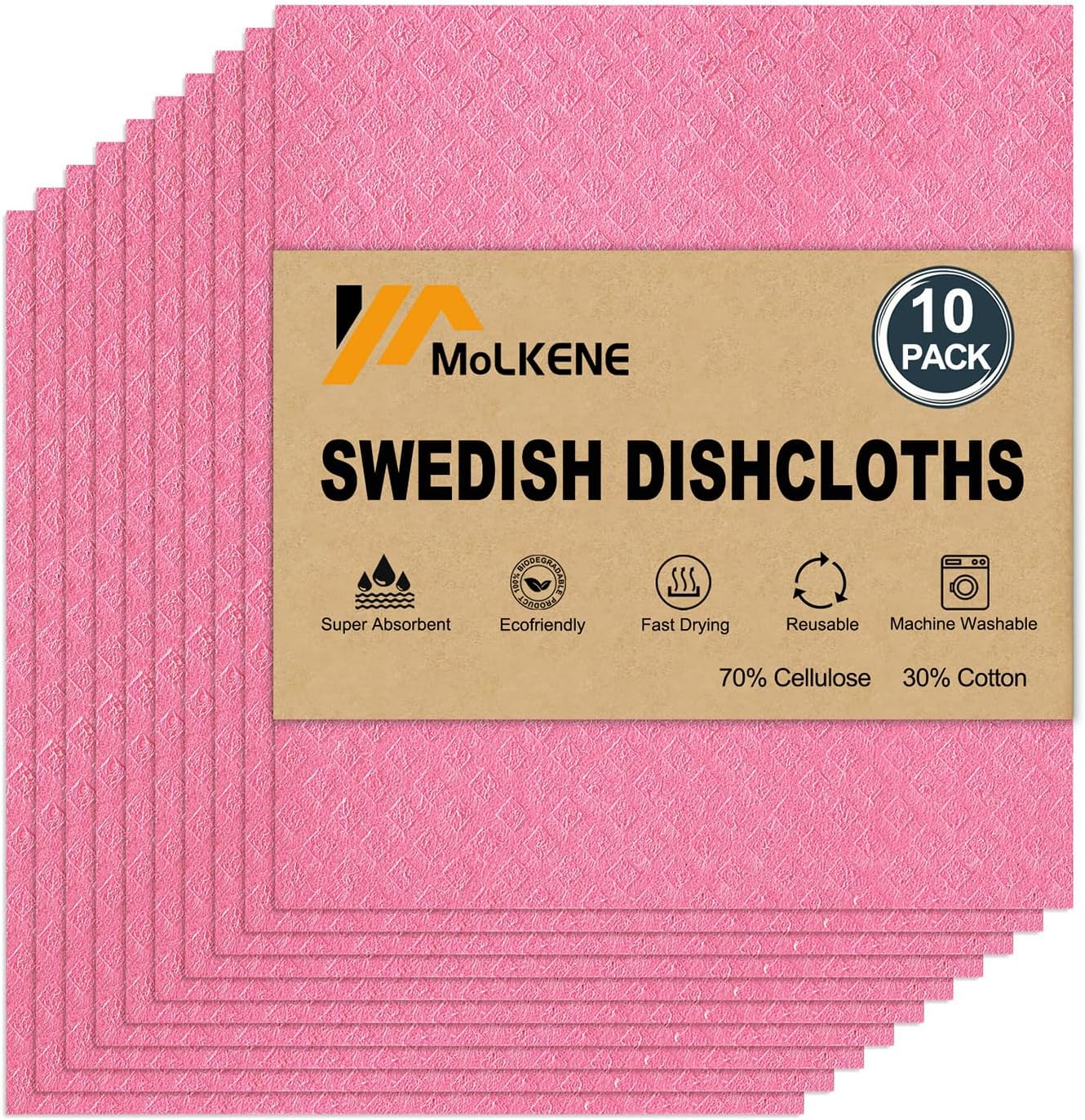 MoLKENE Swedish Dish Cloths - 10 Pack Reusable Kitchen Dishcloths - Ultra Absorbent Dish Towels for Washing Dishes - Cellulose Sponge Cloth Cleaning Rag - Assorted