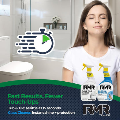 RMR Flawless Finish Bathroom Bundle – Tub & Tile Cleaner + Glass & Surface Cleaner Plus Repellent, 2-Step System for Shower, Tub, Tile, Grout, Glass Doors, & Mirrors, 2–32 Oz Bottles