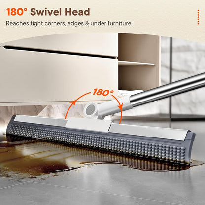 Floor Squeegee with Long Handle, 180° Rotating Silicone Broom for Concrete & Tile Floors, Squeegee for Water Removal on Garage, Bathroom and Deck, Adjustable 35–62 in Handle, 2 Pads