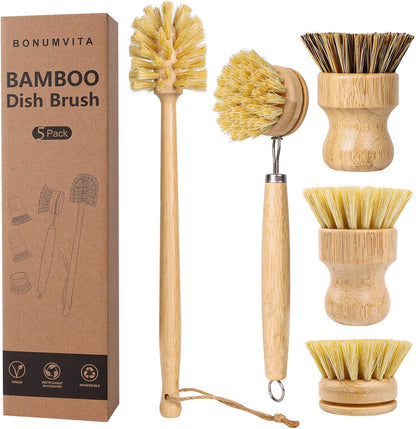 5 Pack Bamboo Dish Brush Set, Wooden Dish Brush with 14’’ Bottle Brush, Natural Kitchen Scrub Brush for Dishes Pots, Pans, Sinks, Woks, Vegetables