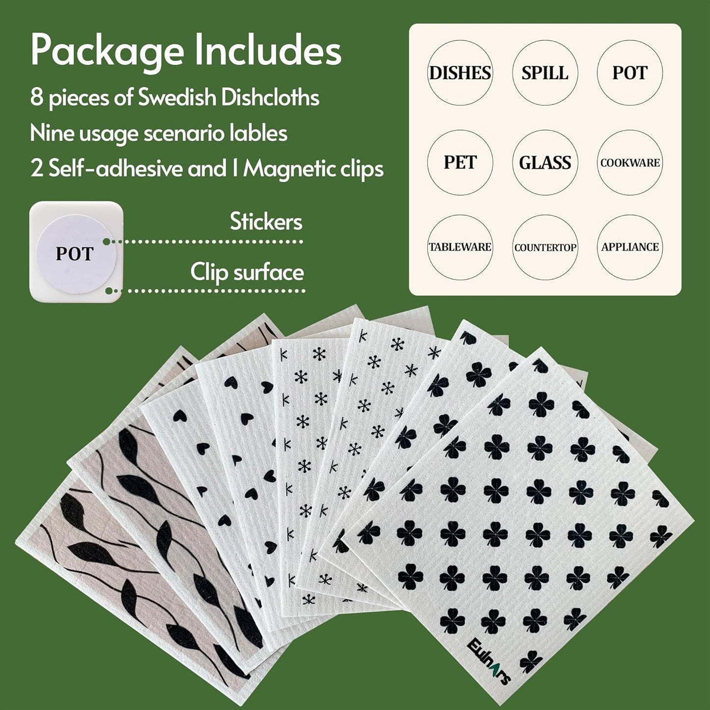 Eulnars Swedish Dishcloths for Kitchen, 8 Pack Reusable Paper Towels with Clips, Non-Scratch Swedish Kitchen Towels, Super Absorbent Cellulose Sponge Cloths, Dishwasher Safe, No Odor