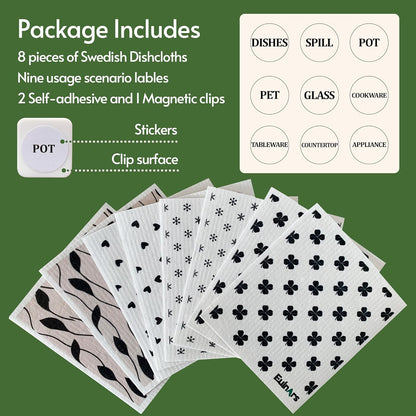 Eulnars Swedish Dishcloths for Kitchen, 8 Pack Reusable Paper Towels with Clips, Non-Scratch Swedish Kitchen Towels, Super Absorbent Cellulose Sponge Cloths, Dishwasher Safe, No Odor
