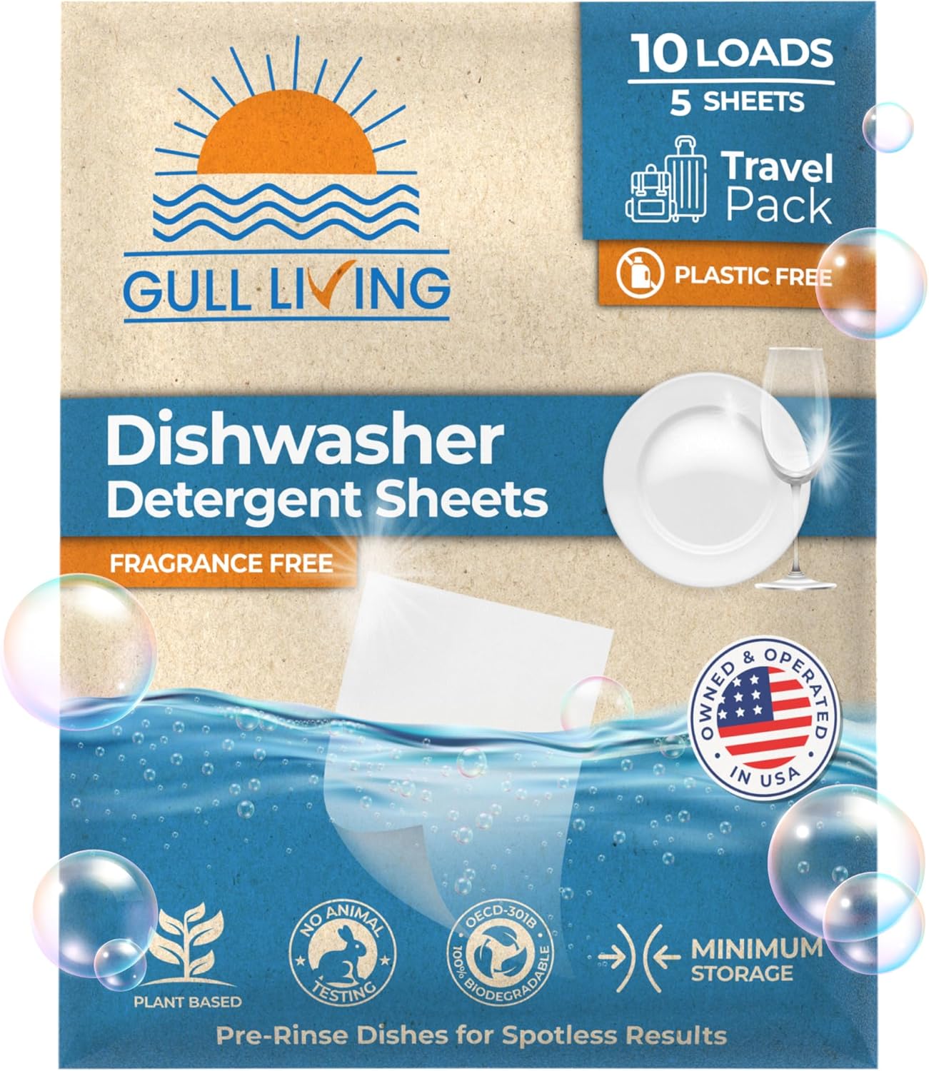 Gull living Eco-Friendly Dishwasher Detergent Sheets - Natural Dishwashing Detergent - Plant Based Dishwasher Soap Sheets - Unscented & Plastic Free Travel Size 60 Loads with sustainable Packaging.