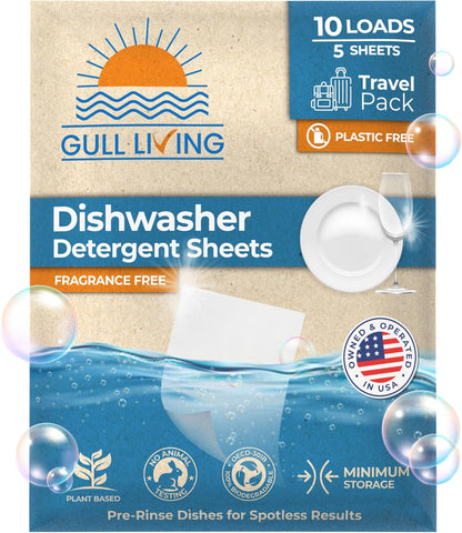 Gull living Eco-Friendly Dishwasher Detergent Sheets - Natural Dishwashing Detergent - Plant Based Dishwasher Soap Sheets - Unscented & Plastic Free Travel Size 60 Loads with sustainable Packaging.