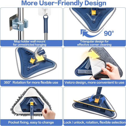 80" Wall Cleaner Mop with Long Handle, Sunoyar 5-in-1 Walls Washer for Baseboard Duster Ceiling Painted Wall, 360°Rotation Wall Cleaning Tool Kit with Squeegee Chenille Microfiber Pad Brush Scraper