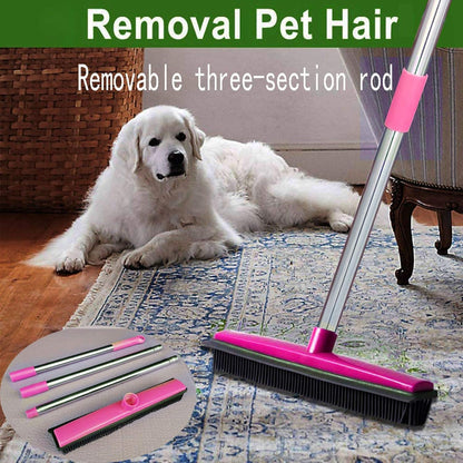 Telescopic Rubber Broom with Squeegee, Multifunction Adjustable Pet Hair Removal Carpet Rake for Fluff Rug Hardwood Floor (Black)