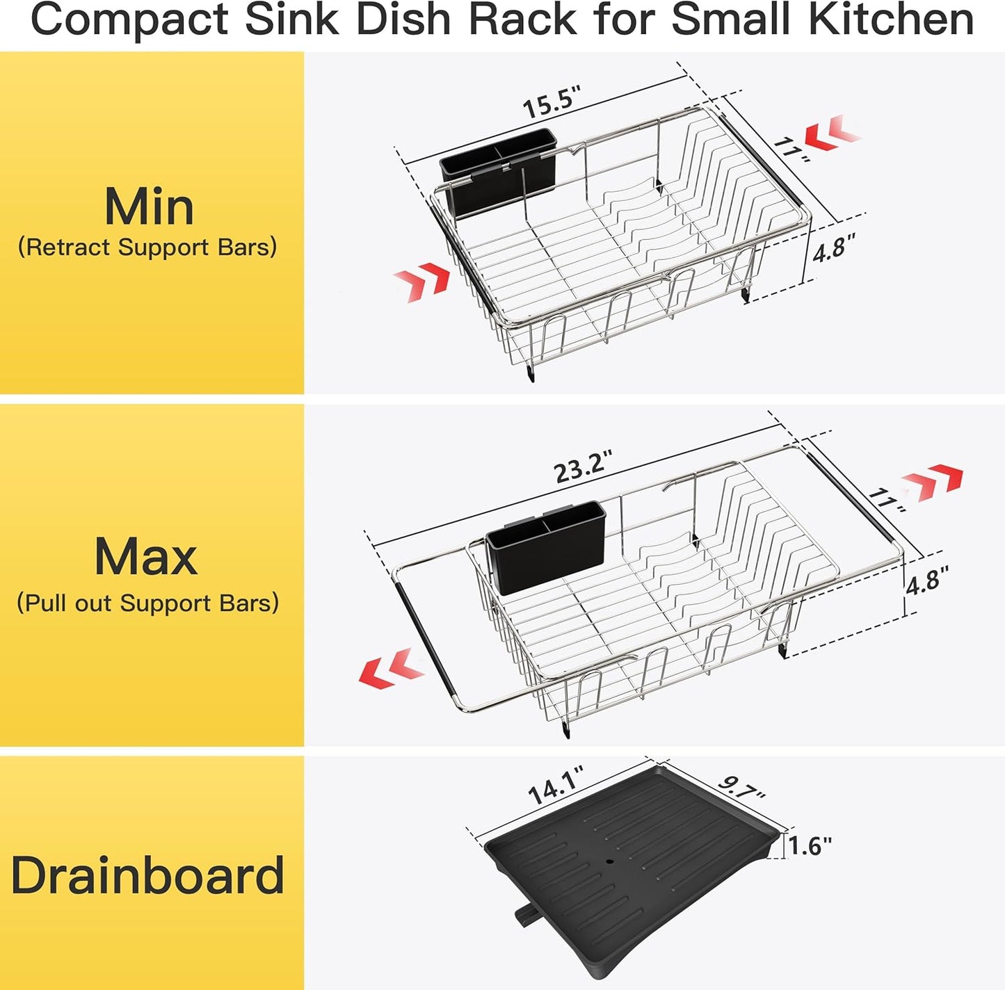 JASIWAY Dish Drying Rack in Sink, Expandable Stainless Steel Dish Drainers for Kitchen Counter, Dish Dryer Rack for Inside Sink, Over The Sink Dish Racks with Utensil Holder, Silver