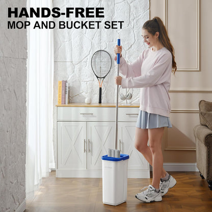 Mop and Bucket Set, Mops for Floor Cleaning with Long Handle, Squeeze Flat Mop and Bucket System, Dry & Wet Dust Mop for Household Floor Cleaning with 5 Microfiber Mops, Slate Blue
