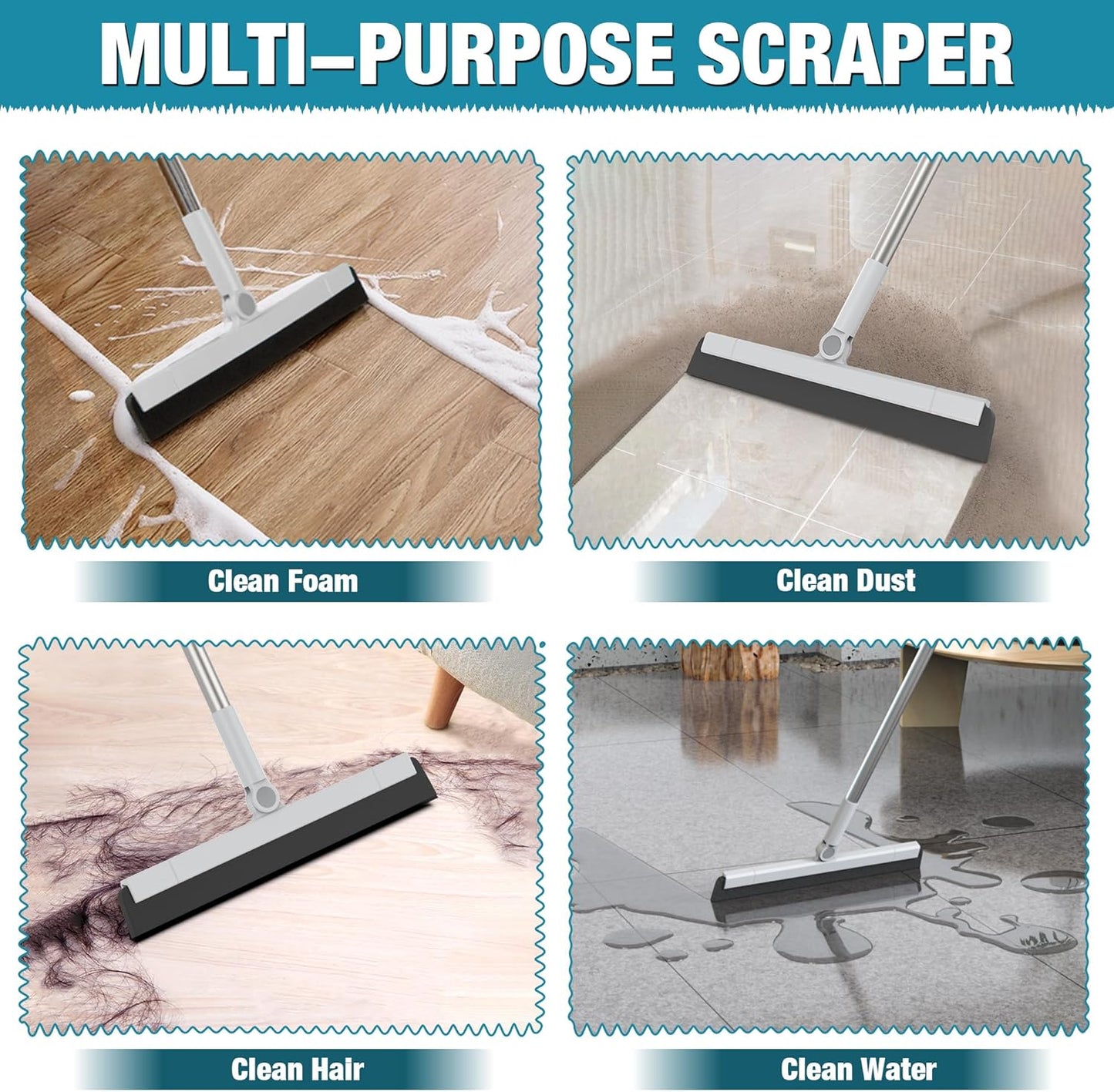 KOLLIEE Floor Squeegee Adjustable 59'' Long Handle Professional Floor Squeegee with Hook Water Squeegee Foam Blade for Concrete Floor Tile Pet Hair Floor Wiper