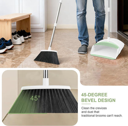 Broom and Dustpan Set, Broom Dustpan Combo Set for Home Commercial Cleaning Supplies Angle Broom with Long Handle Perfect for Courtyard Garage Street (Green)