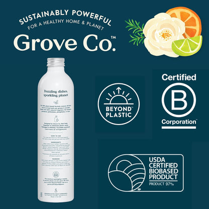Grove Co. Ultimate Dish Soap Refills (3 x 16 Fl Oz) Removes 48-hr Stuck-on Food and Grease, Plastic Free Cleaning Products, 100% Natural Lavender Blossom & Thyme Fragrance, 1 pack