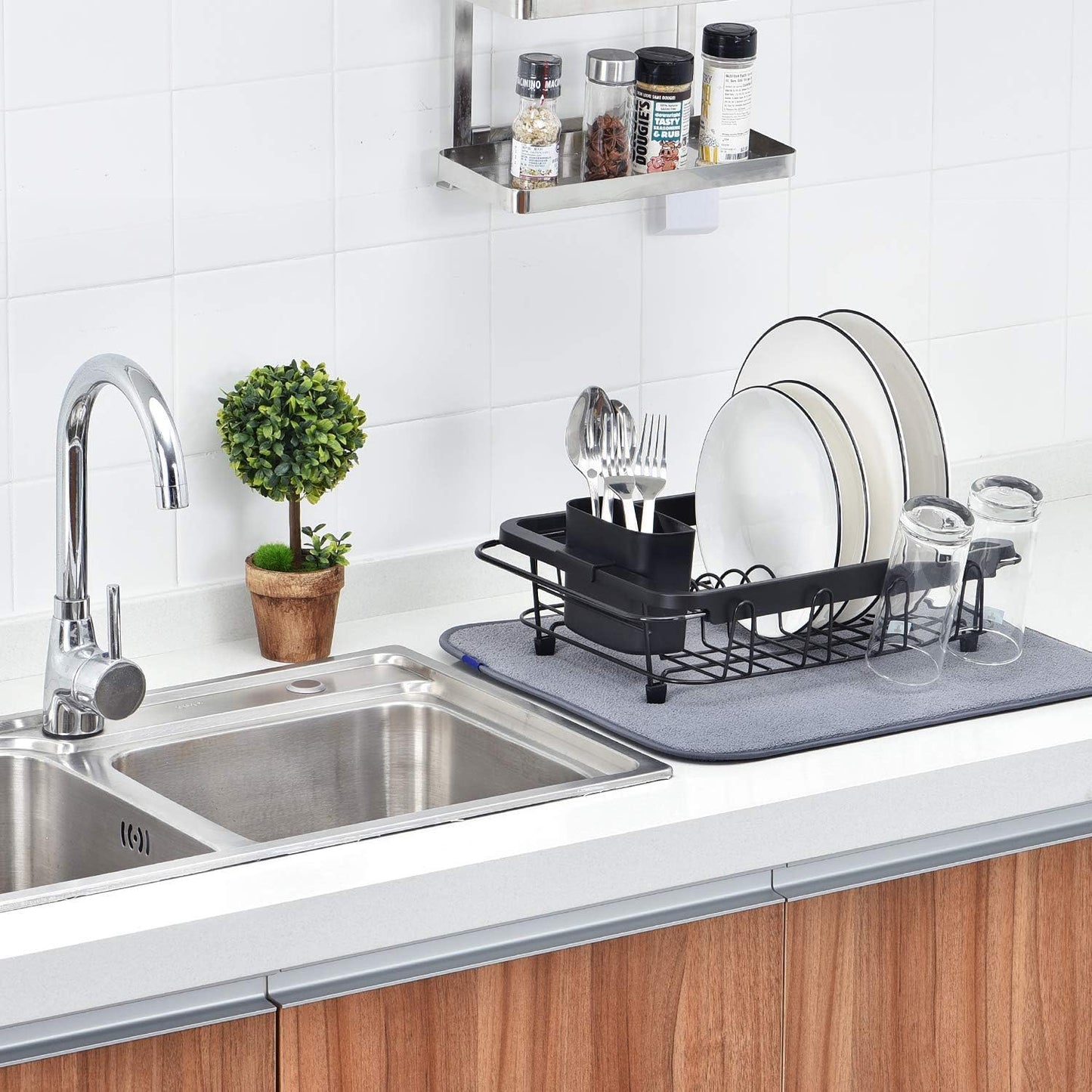 TOOLF Expandable Sink Caddy with Dish Towel Bar, Adjustable Over-The-Sink Organizer for Kitchen, Rustproof Sponge Holder and Drying Rack