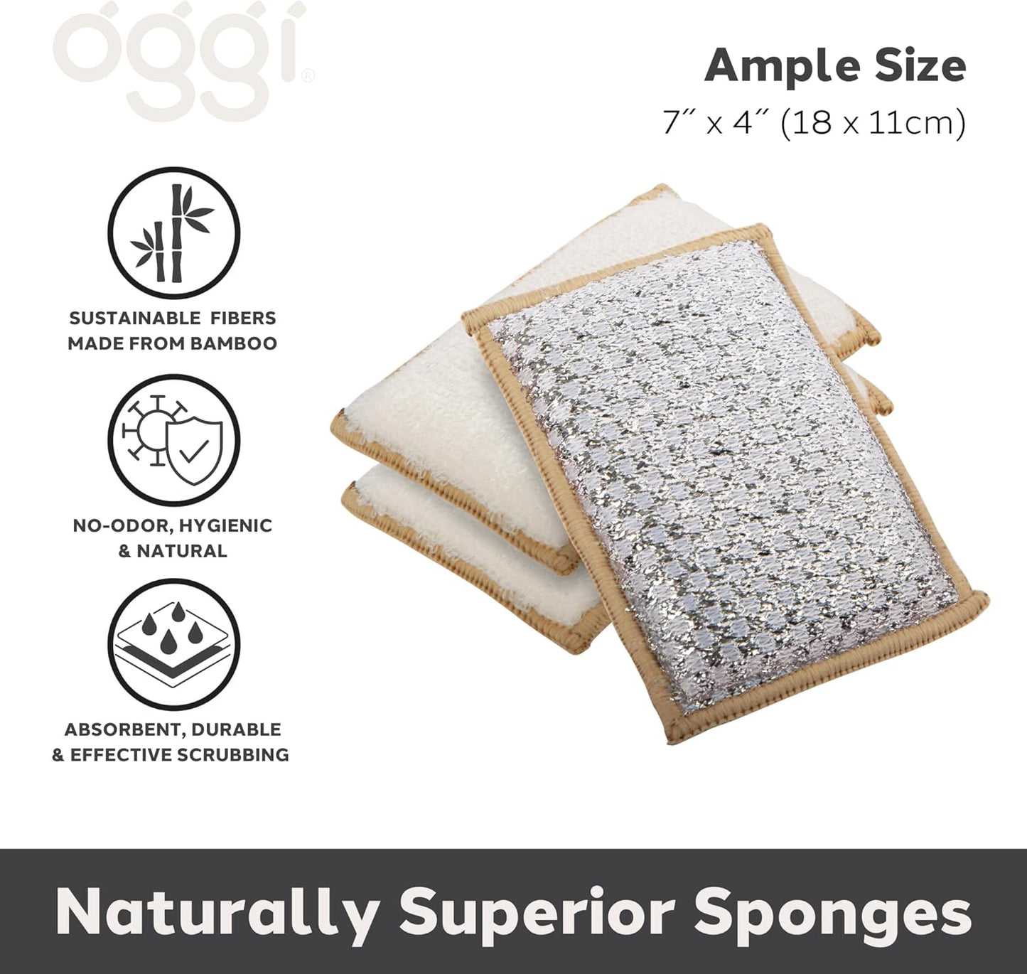 OGGI Bambou Odor-Free Scrubbing Sponges - Natural Scrub Sponges for Dishes, 91% Bamboo-Derived Rayon Cellulose Fiber, Reusable, Absorbent, Durable Scrubbers, Non-Scratch, Washable - 3 pcs, 7x4