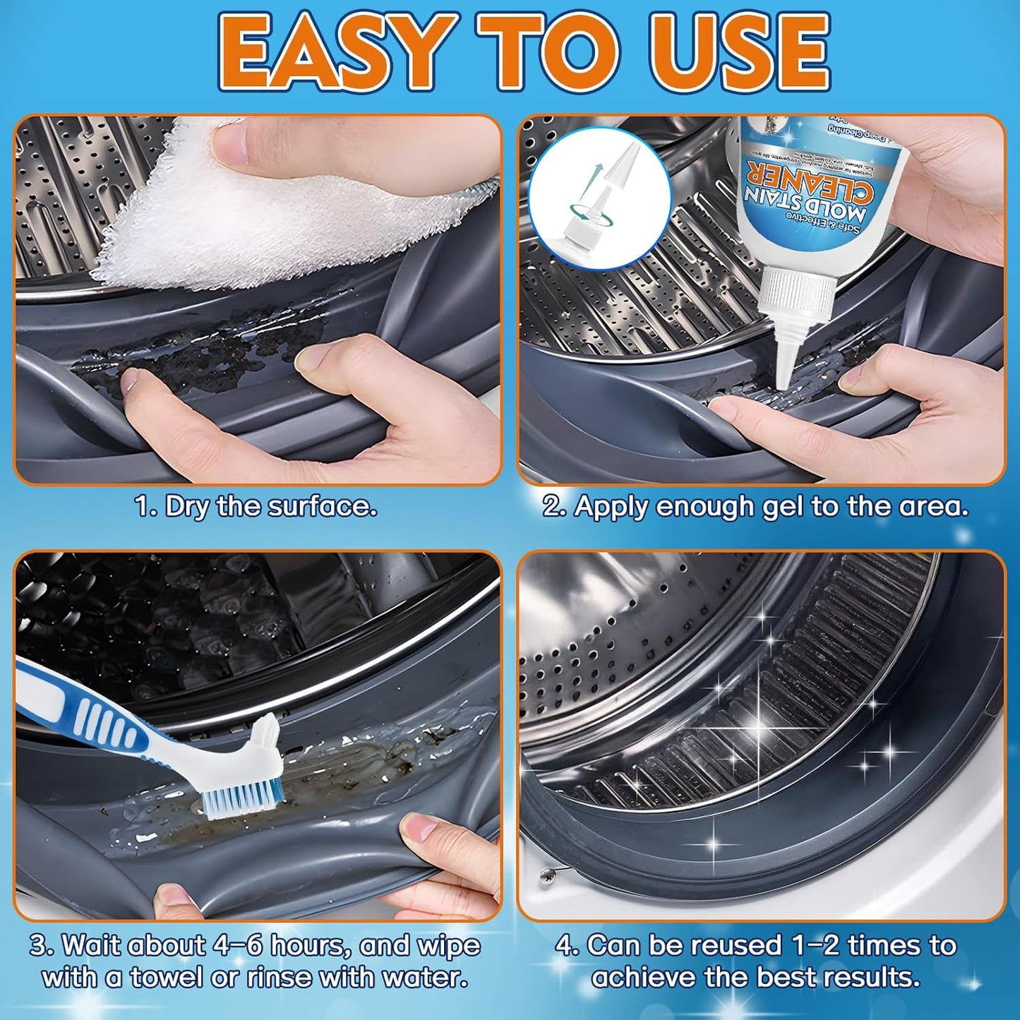 Vigorder Mold Stain Cleaner Gel, 8 FL oz Heavy-Duty Household Cleaner for Washing Machine Gasket, Shower Caulk, Bathroom Grout & Front Loader Seal
