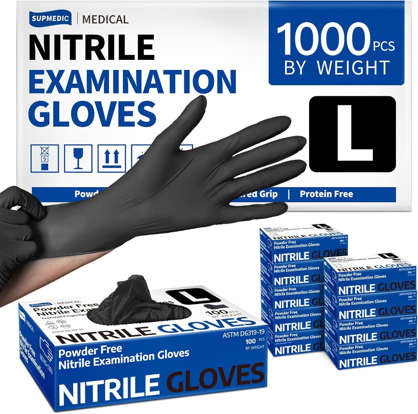 Supmedic Medical Soft Max™ Nitrile Exam Gloves, 1000Pcs Latex-Free Powder-Free Food Safe Clean Cooking Disposable Glove Black