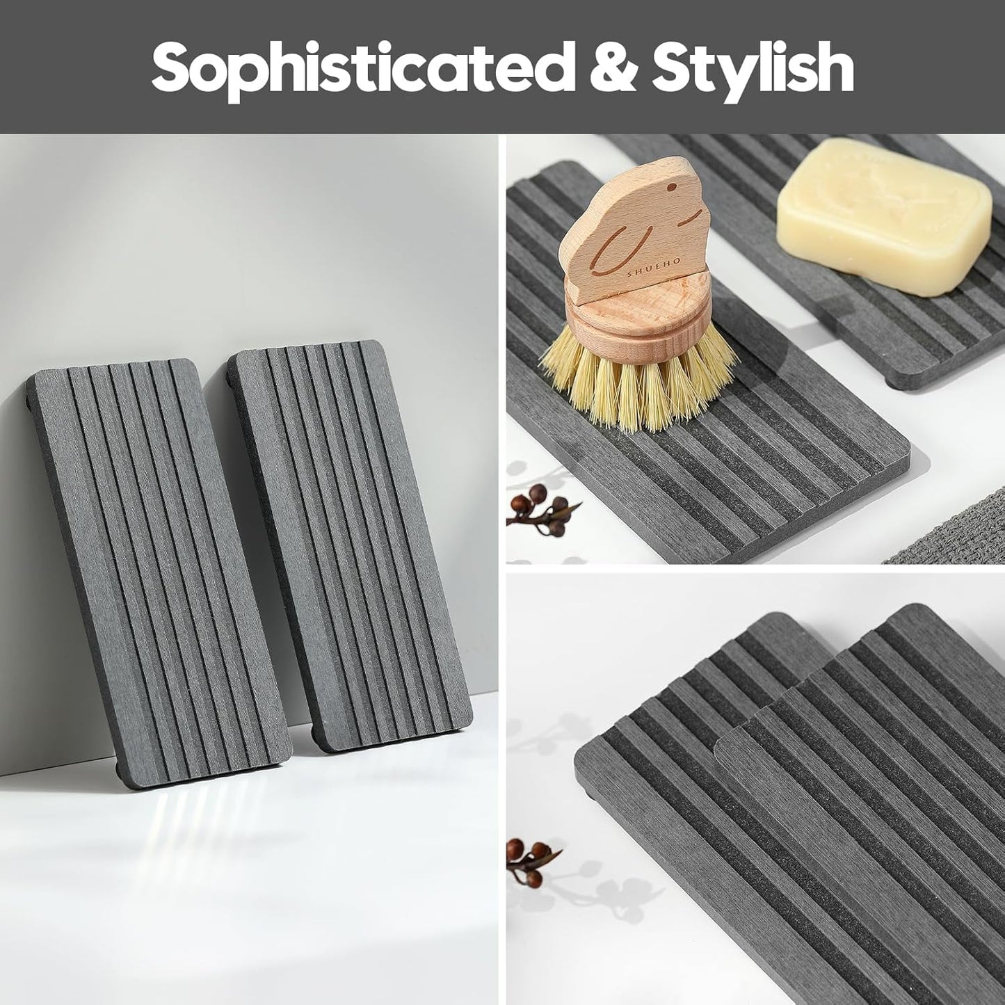 2PCS Water Absorbing Stone Drying Tray Mat for Bathroom Sink & Kitchen Counter Faucet Organizer, Quick Dry Dish Rack Soap Dispenser Sponge Holder, Vanity Sink Caddy Bar Coaster, Ivory White 8“x 4”