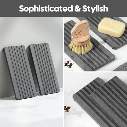 2PCS Water Absorbing Stone Drying Tray Mat for Bathroom Sink & Kitchen Counter Faucet Organizer, Quick Dry Dish Rack Soap Dispenser Sponge Holder, Vanity Sink Caddy Bar Coaster, Ivory White 8“x 4”
