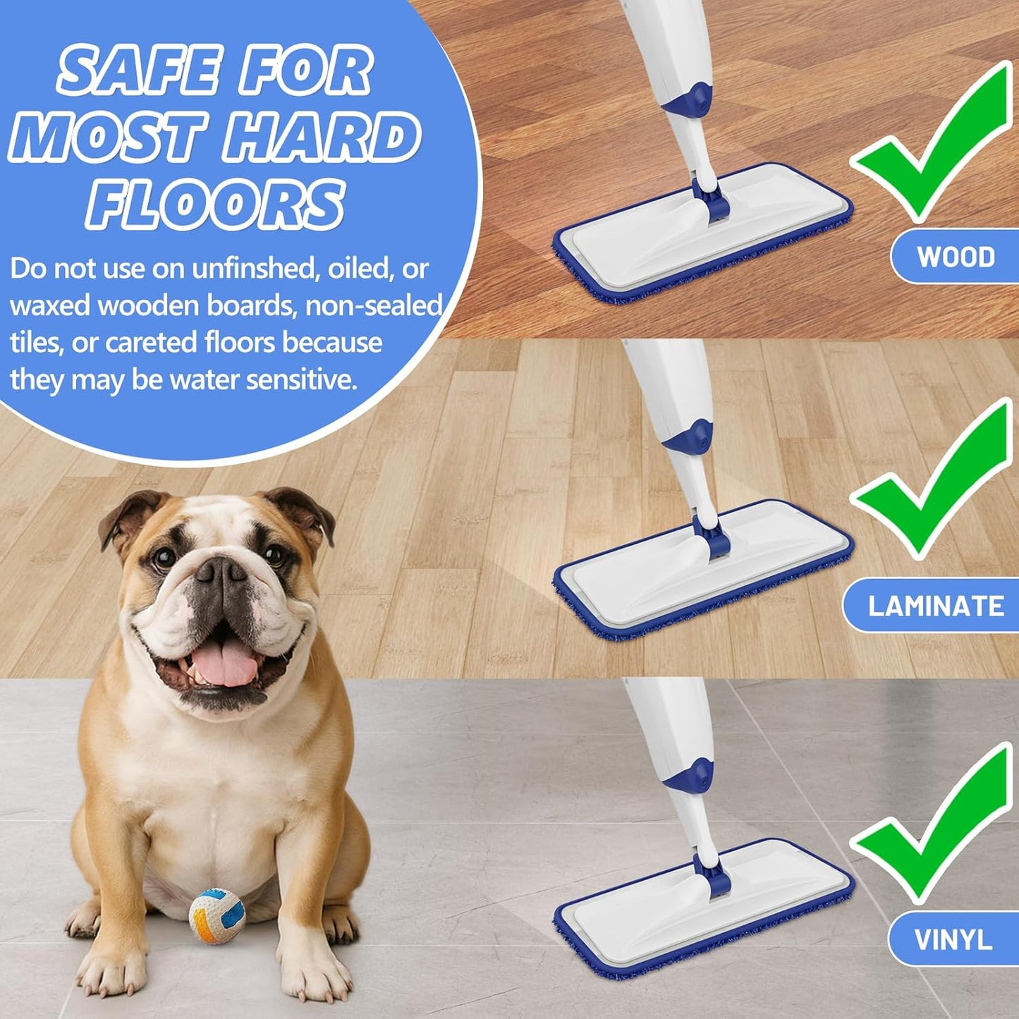 HOMTOYOU Spray Mops for Floor Cleaning: Wet Mop for Hardwood Tile Wood Laminate Vinyl - 3 Washable Microfiber Pads for Swiffer Powermop - Absorbs Pet Hair Dust