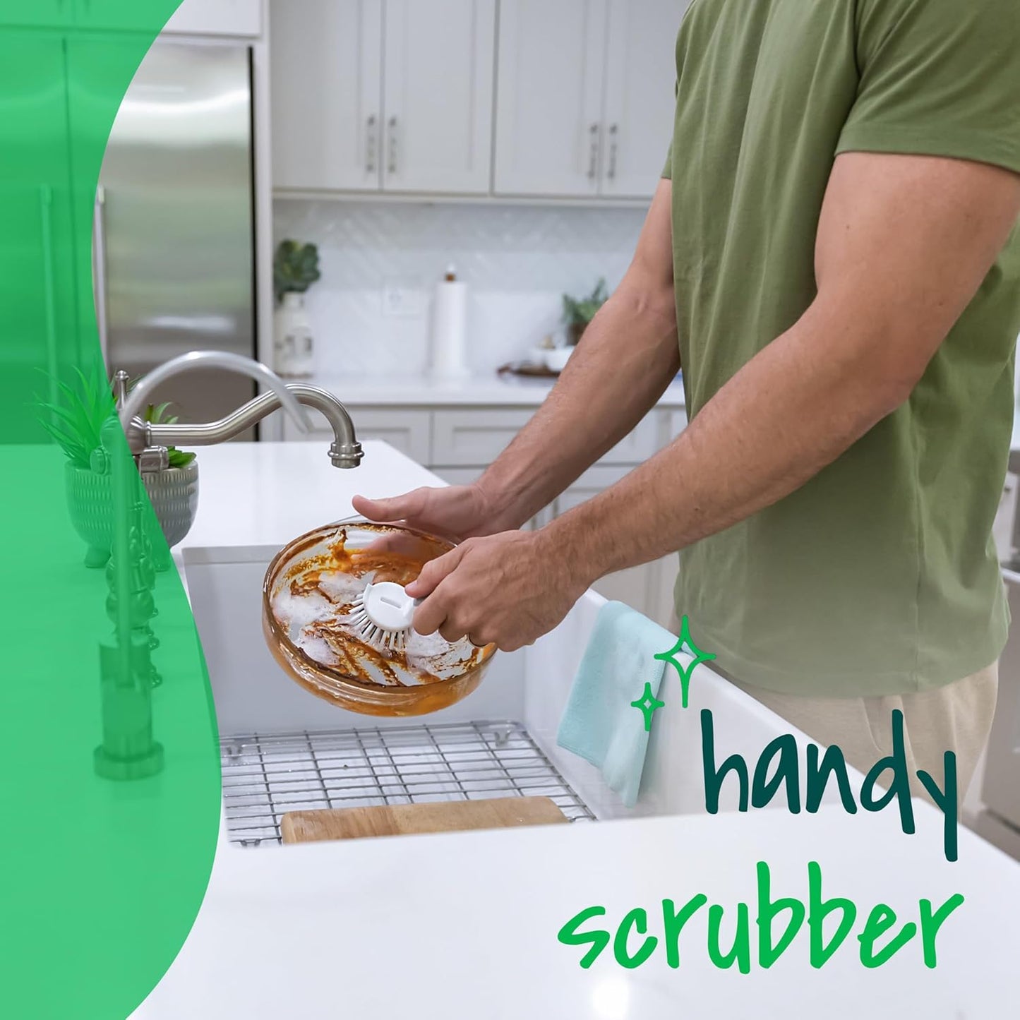 Scotch-Brite Handy Brush, Small and Durable Dish Brush with Handle for Scrubbing Hard-to-Reach Cookware, Tubs, Sinks, Car Tires, and More without Scratching, Antimicrobial, and Rinses Clean