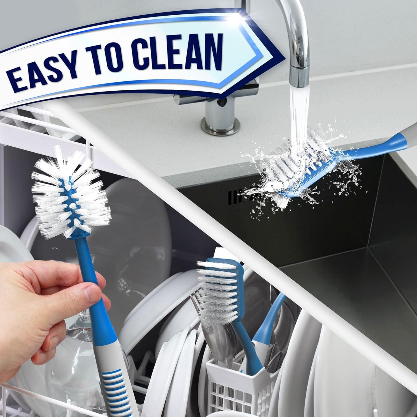 Dish Brush Set of 5 with Holder - Kitchen Scrub Brushes with Non-Slip Long Handle for Cleaning, Scrubber, Dishwashing, Dishes, Bottles, Straws, Cups, Pots & Sink, Black