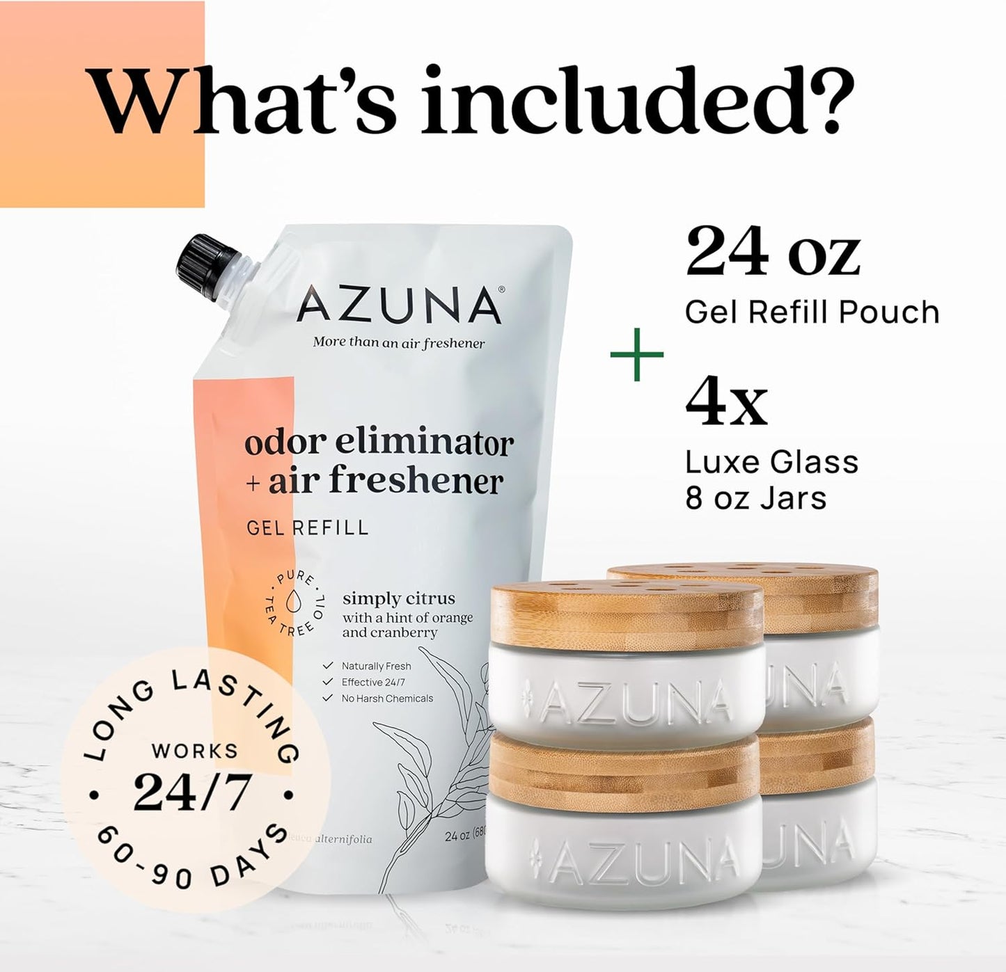 Azuna Air Freshener & Odor Eliminator for Strong Odor | 2 Room Kit Includes (2) 8 oz. Empty Luxe Glass Jars & 12 oz | Refill with Tea Tree Essential Oil Gel | Amalfi Breeze | Last 60-90 Days