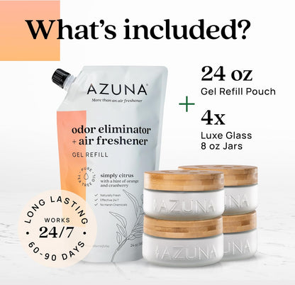 Azuna Air Freshener & Odor Eliminator for Strong Odor | 2 Room Kit Includes (2) 8 oz. Empty Luxe Glass Jars & 12 oz | Refill with Tea Tree Essential Oil Gel | Amalfi Breeze | Last 60-90 Days
