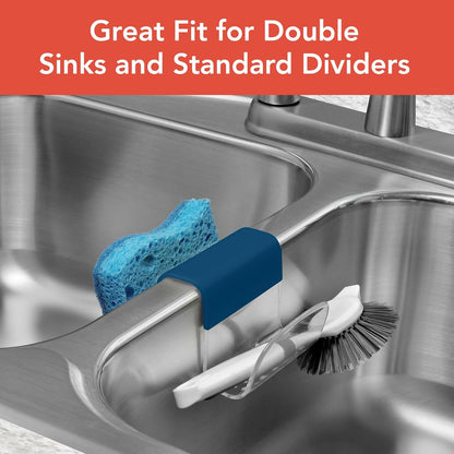Spectrum Sink Saddle for Kitchen Sink Warm Gray Clear Sponge and Brush Holder Organizer, Dish Brush and Sponges Plastic Saddle Caddy for Double Sink Storage with Drain Holes for Quick Drying