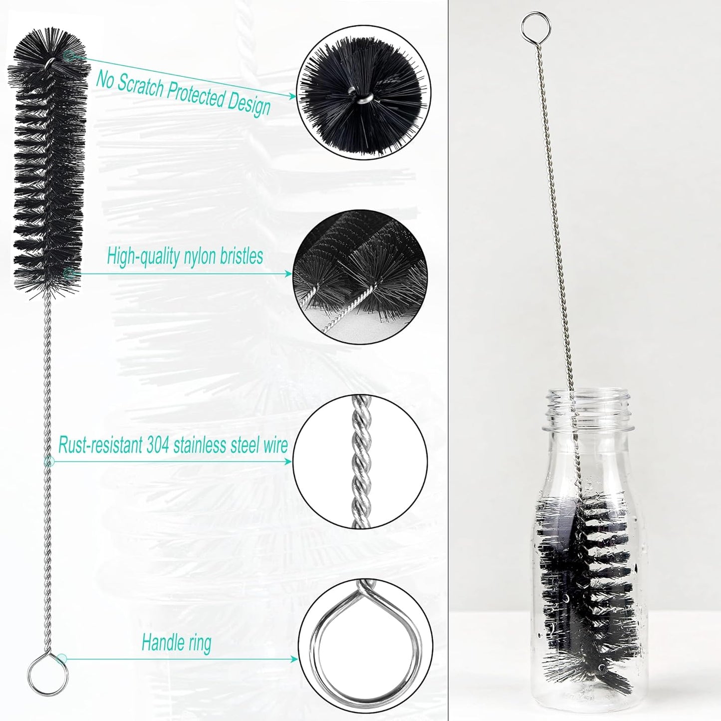 6 Pcs Straw Cleaner Brush Set, 12 Inch Long Pipe Tube Bottle Brushes for Narrow Neck Bottles, Hummingbird Feeders, Coffee Maker, Glass Cups - Includes Detachable Keyring