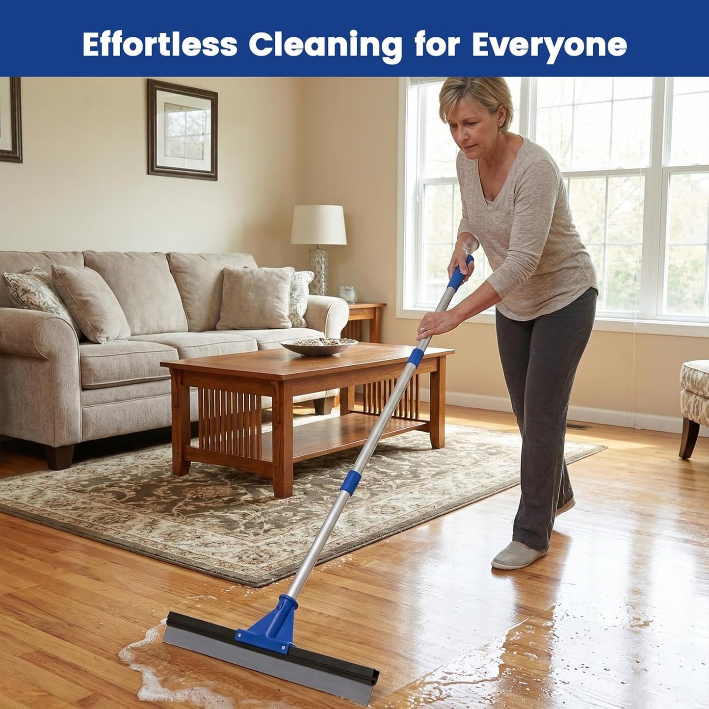 Floor Squeegee for Concrete Floor, 18'' Rubber Wiper Squeegee Broom with 60" Long Handle, Commercial Scrubber Mop for Bathroom Kitchen Pool Glass