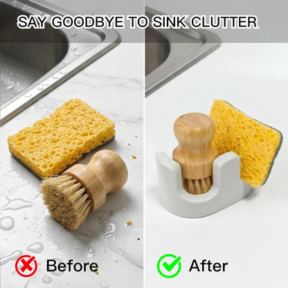 White Marble Sponge Holder for Kitchen Sink, 2-in-1 Sponge & Brush Holder with Raised Edge, 2 Slot Natural Stone Sink Caddy for Countertop, Keeps Countertops Dry, Non-Slip Base, Modern Kitchen Decor