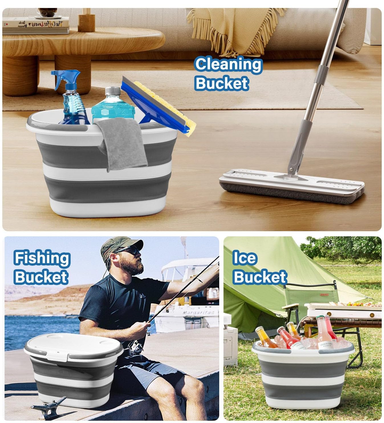 16L Collapsible Mop Bucket with Handles - Space Saving Foldable Silicone Tub for Cleaning, Laundry, Storage - Portable Wash Basin for Home & Car - 4.2 Gallon Compact Utility Bucket