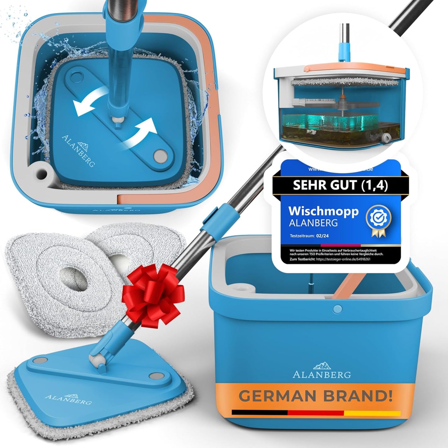 Spin Mop and Bucket Set with Wringer – Dual-Chamber Self Wringing Mop, Flat Microfiber Mop for Hardwood, Tile & Vinyl Floors, 2 Washable Replacement Heads, 63" Handle, Pink