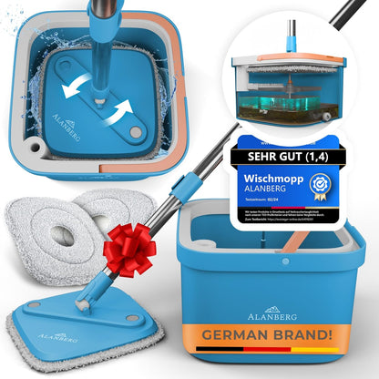 Spin Mop and Bucket Set with Wringer – Dual-Chamber Self Wringing Mop, Flat Microfiber Mop for Hardwood, Tile & Vinyl Floors, 2 Washable Replacement Heads, 63" Handle, Pink