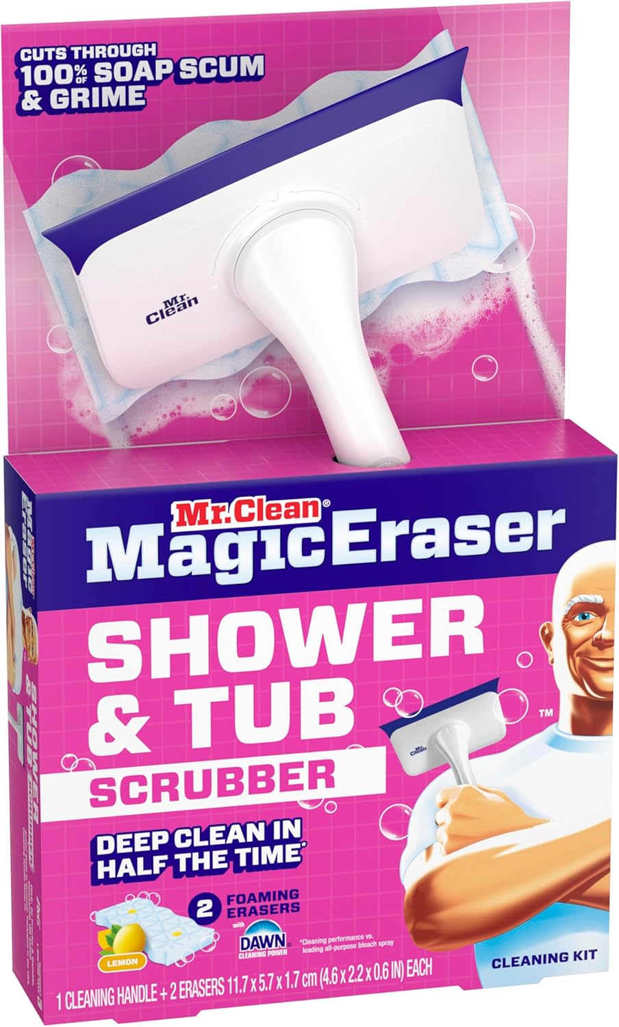 Mr. Clean Magic Eraser Shower & Tub Scrubber, Bathroom Cleaner, All in One Bathroom Cleaner, Lemon Starter Kit, 1 Scrubber & 2 Foaming Magic Erasers