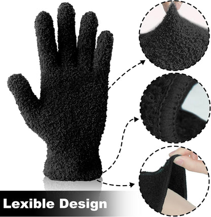 2 Pairs Black Reusable Plush Microfiber Gloves for Cleaning and Dusting, Soft Dusting Gloves for Furniture, Blinds, Car Interior, and Electronics