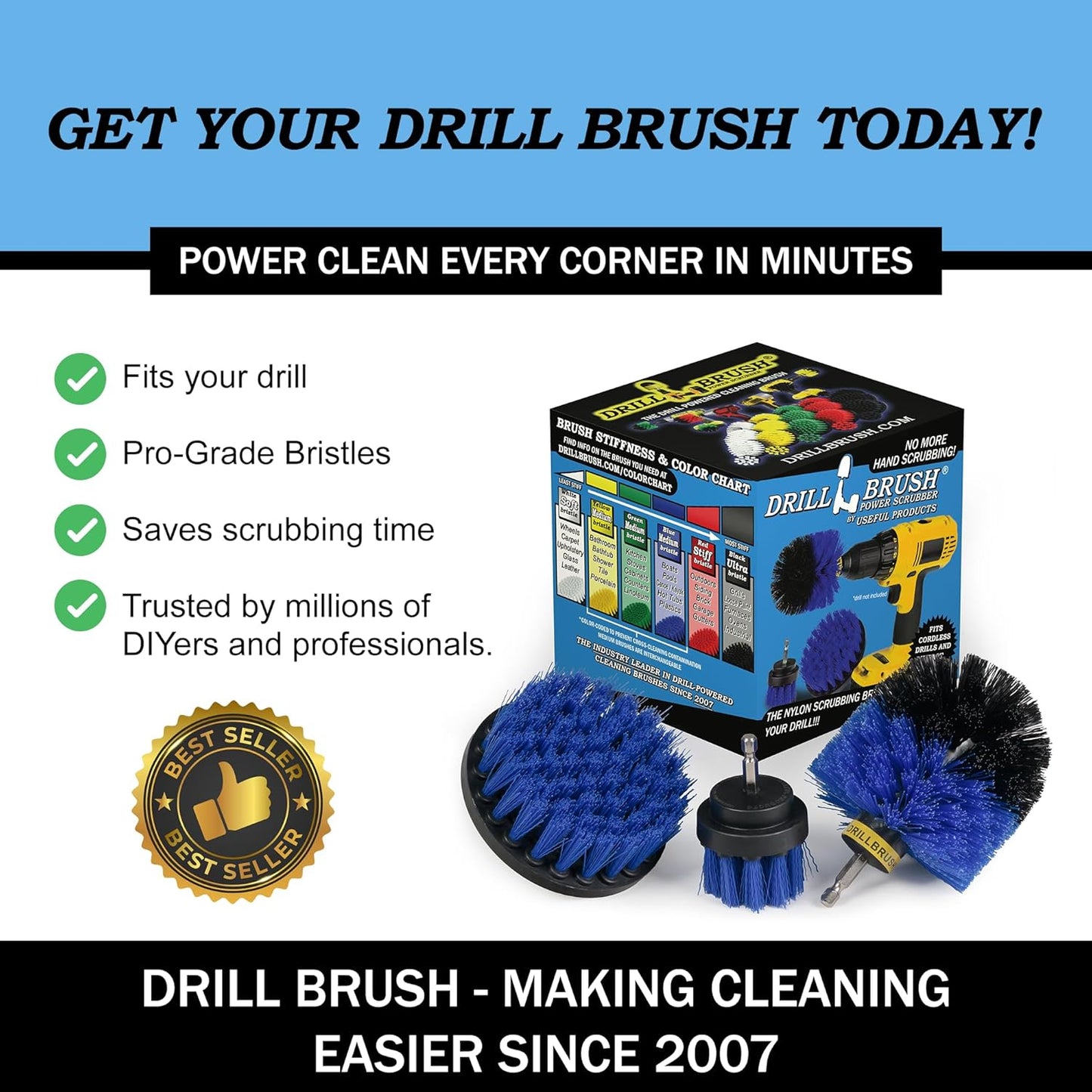 Drillbrush Drill Brush Attachment Set for Bathroom Cleaning – Power Scrubber Brush Kit for Tub, Tile, Shower, and Grout – All-Purpose Household Cleaning Brushes for Drill - Electric Grout Cleaner Kit