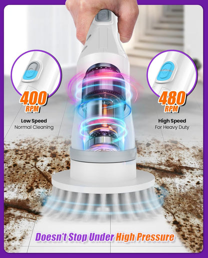 Electric Spin Scrubber, Cordless Cleaning Brush with 7 Replaceable Brush Heads, 2-Speed Adjustable Handle Shower Scrubber, IPX7 Waterproof for Bathroom, Tub, Tile & Floor, Teens, White-qb1...