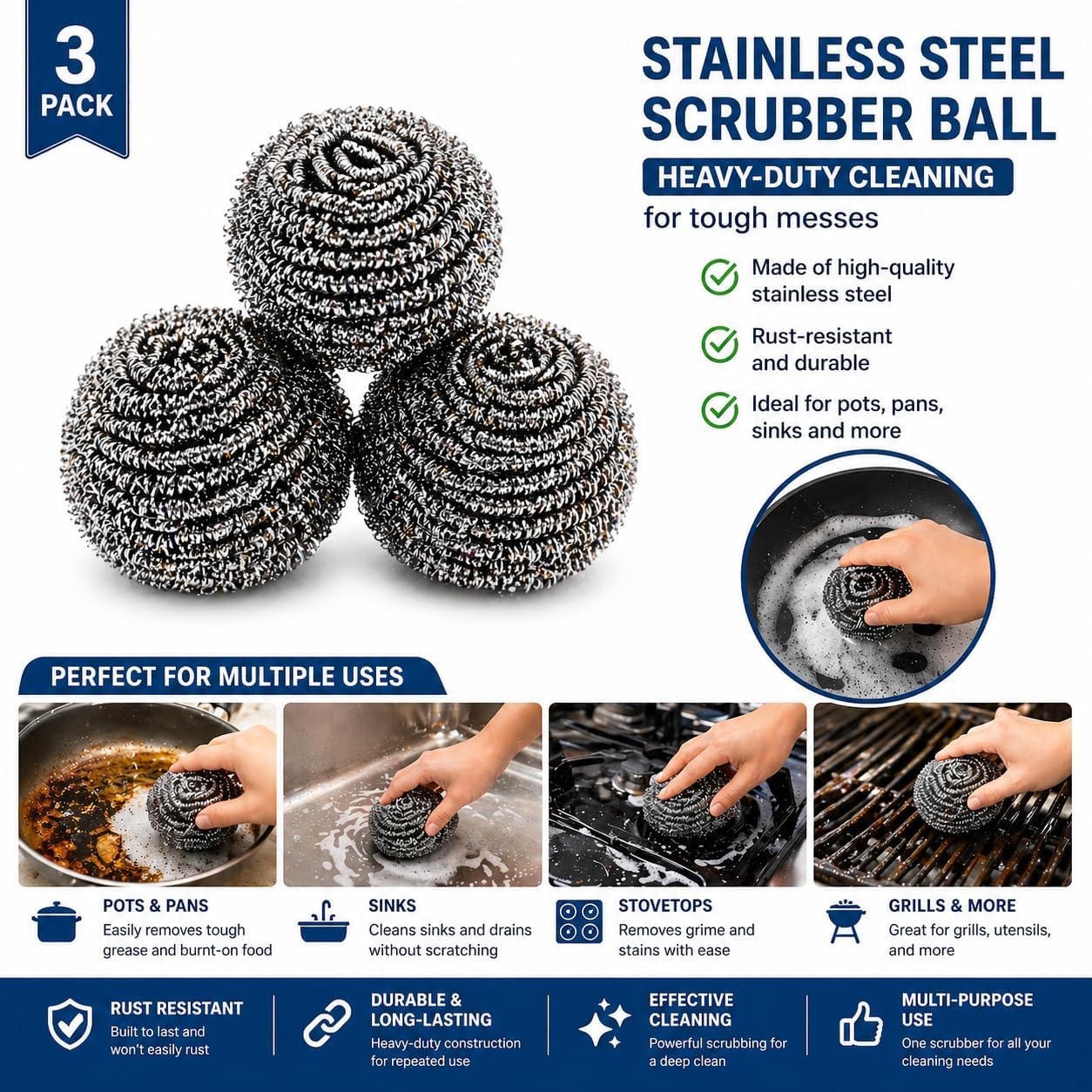 Stainless Steel Scrubber Balls 3 Pack, Heavy Duty Steel Wool Scouring Pads for Pots, Pans, Sink & Grill, Rust Resistant Kitchen Cleaning Scrubbers, Long Lasting (3)