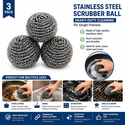 Stainless Steel Scrubber Balls 3 Pack, Heavy Duty Steel Wool Scouring Pads for Pots, Pans, Sink & Grill, Rust Resistant Kitchen Cleaning Scrubbers, Long Lasting (3)