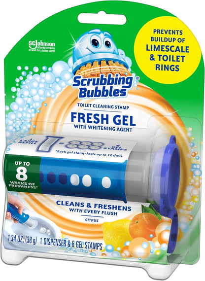 Scrubbing Bubbles Fresh Gel Toilet Bowl Cleaning Stamps, Helps Keep Toilet Clean and Helps Prevent Limescale & Rings, Citrus Scent, 1 Dispenser with 6 Fresh Gel Stamps