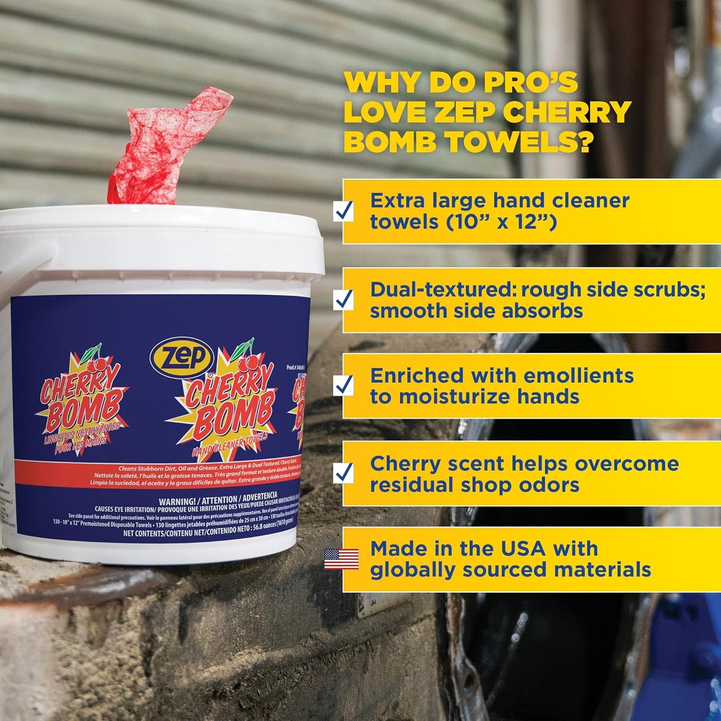 Zep Cherry Bomb Hand Cleaner Towels - 130 Towels Per Bucket (Case Of 4) 346601 Removes Stubborn Industrial Soils Such As Grease, Tar, Ink, Paints and More