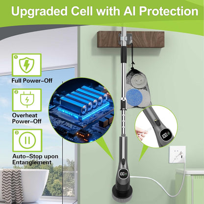 WKY-G3-Electric Spin Scrubber - Upgraded 10-in-1 IPX7 Waterproof Shower Cleaner Brush, Retractable Handle & 2-Speed for Toilet, Bathroom, Bathtub, Tile Floors Black