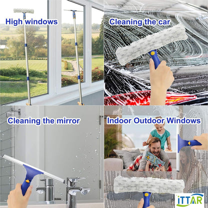 ITTAR Window Squeegee Cleaning Kit with 60 Inch Extension Pole | 12" Glass Cleaner Tool rubber Blade & 2 Microfiber Pads | Window Washing Equipment for High Windows, Shower Glass Doors, Car Windshield