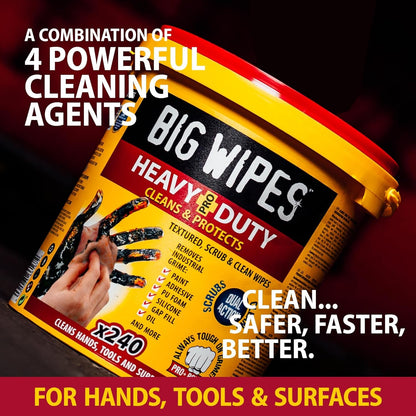 BIG WIPES Heavy Duty Industrial Hand Cleaning Wipes, Textured Scrubbing Degreaser Wipes for Mechanics and Tool Cleaner – 240 Count Bucket (1 Pack)