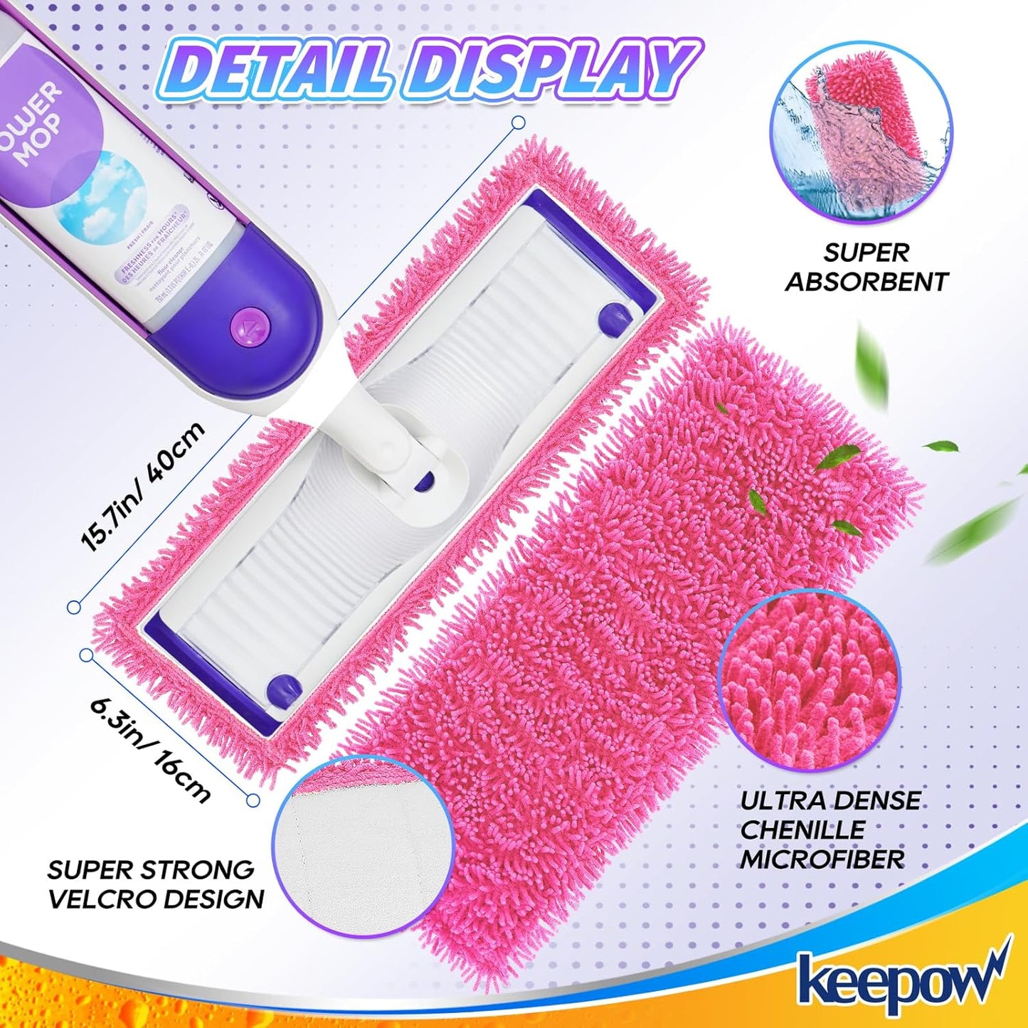 KEEPOW Reusable Microfiber Mop Pads Compatible with Swiffer PowerMop 4 Pack, Power Mop Pads Refills for 13 ''-15 '' Spray Mop, Machine Washable Pad Replacement for Multi-Surface Floor Cleaning