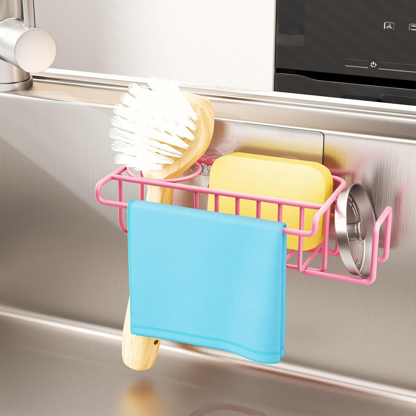 HapiRm 4 in 1 Kitchen Organizers and Storage, SUS304 Stainless Steel Brush Holder + Dish Cloth Hanger + Soap Rack + Sink Stopper Rack, No Drill Kitchen Essentials - Black