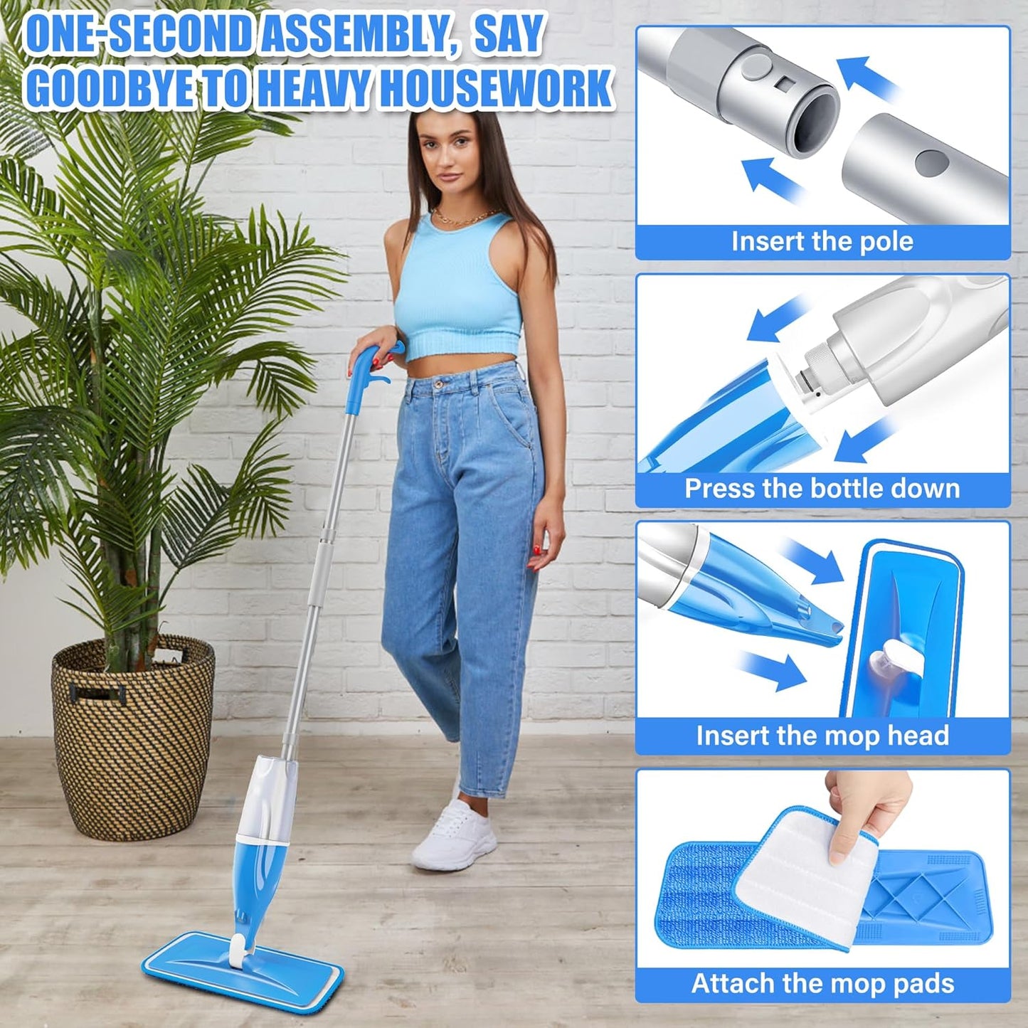 Microfiber Spray Mop for Floors Cleaning: Wet Dry Hardwood Floor Mops with 3 Washable Reusable Pads for Swiffer Powermop - Flat Mop with Sprayer for Tile Wood Laminate Vinyl Marble
