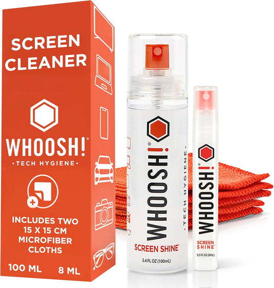 WHOOSH! Screen Shine Duo XL - Screen Cleaner Spray and Wipe for Eyeglasses, Phone & Laptop - Removes Fingerprints - Includes 3.4 oz + 1 oz Leak-Free Bottles & 2 Microfiber Cloths for Home & Travel